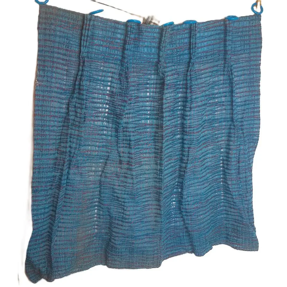 Vtg Mid Century Blue Tweed Pinch Pleat Curtains Open Weave Drapes w/ Rings Set 2